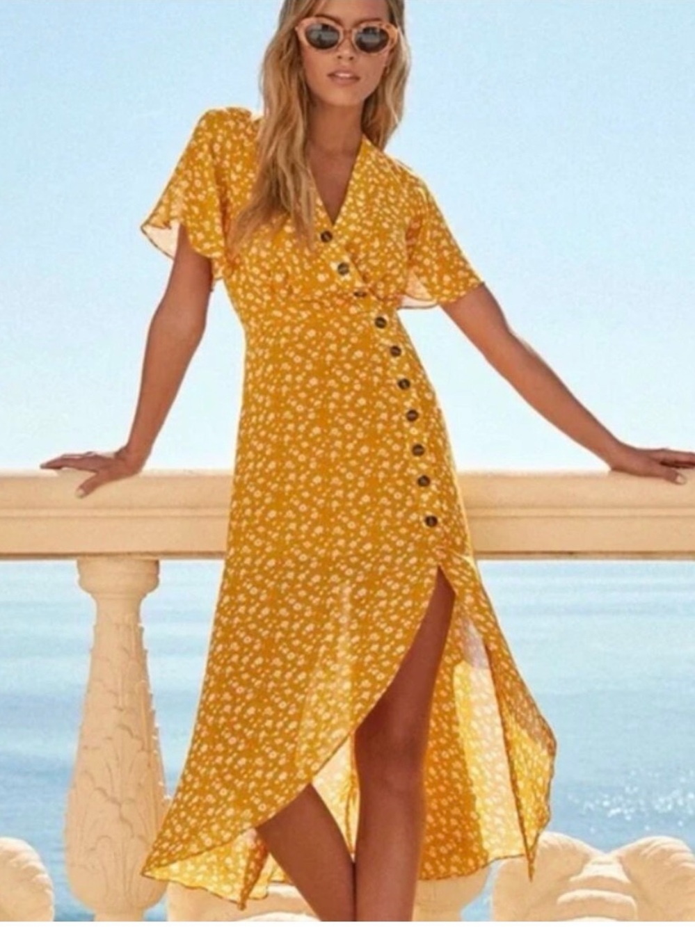 Lulus After Bloom Delight Yellow Floral Midi Dress XS